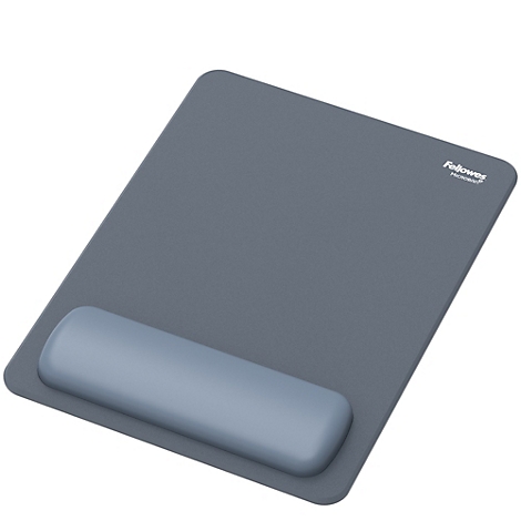 Tapis de souris rectangulaire gris avec repose-poignet. Le mot Fellowes est en haut.