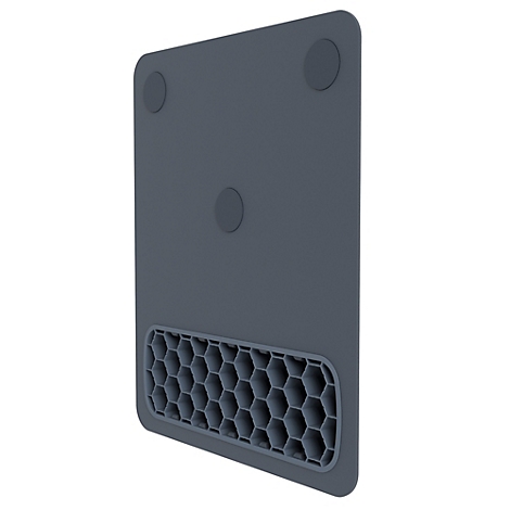 Tapis de souris gris foncé avec repose-poignet et souris noire. Le logo Fellowes est visible en haut à droite.