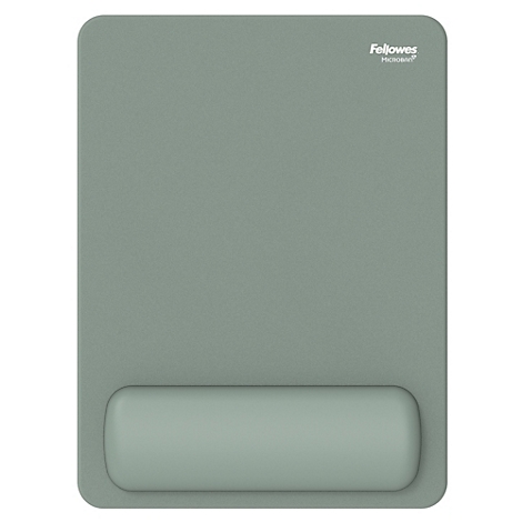 Un tapis de souris gris avec repose-poignet. "Fellowes" est écrit en haut à droite.