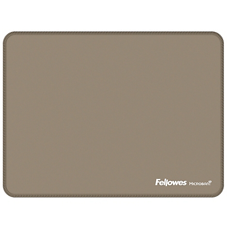 Tapis de souris rectangulaire beige avec des coins arrondis. Le logo Fellowes Microban est en bas à droite.