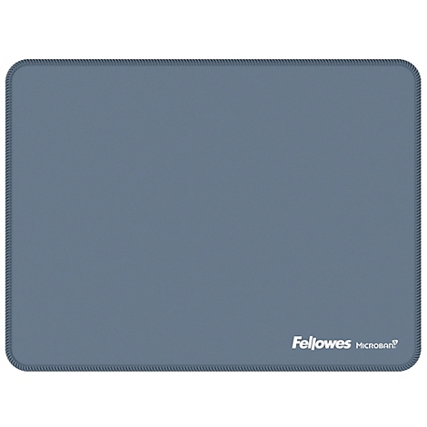 Tapis de souris rectangulaire bleu, avec lettrage Fellowes Microban en bas à droite.