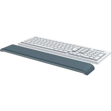 Clavier blanc avec repose-poignets bleu-gris assorti.
