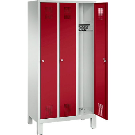Taquilla Evolo S 3000, acero, 3 compartimentos, cerradura de cilindro, gris luminoso RAL 7035/rojo rubí RAL 3003