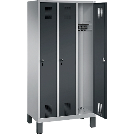 Taquilla Evolo S 3000, acero, 3 compartimentos, cierre de pasador giratorio de seguridad, aluminio blanco RAL 9006/antracita RAL 7016