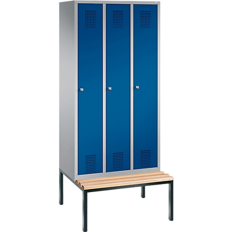 Taquilla Evolo S 3000, acero, con banco integrado, 3 comp. de An 300 mm c.u., cerradura de cilindro, aluminio blanco RAL 9006/azul genciana RAL 5010