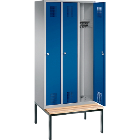 Taquilla Evolo S 3000, acero, con banco integrado, 3 comp. de An 300 mm c.u., cerradura de cilindro, aluminio blanco RAL 9006/azul genciana RAL 5010