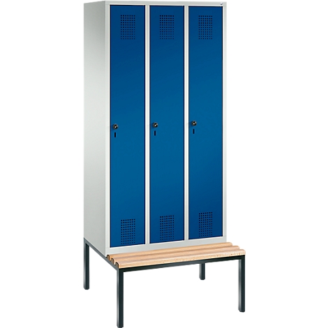 Taquilla Evolo S 3000, acero, con banco integrado, 3 comp. de An 300 mm c.u., cierre de pasador giratorio de seguridad, gris luminoso RAL 7035/azul genciana RAL 5010