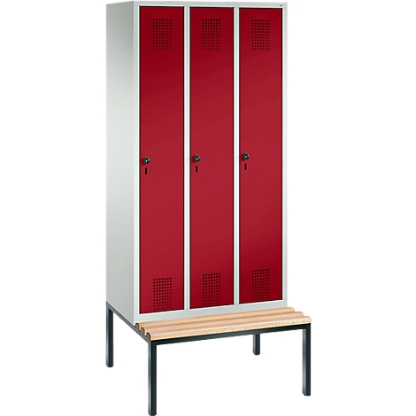 Taquilla Evolo S 3000, acero, con banco integrado, 3 comp. de An 300 mm c.u., cierre de pasador giratorio de seguridad, gris luminoso RAL 7035/rojo rubí RAL 3003