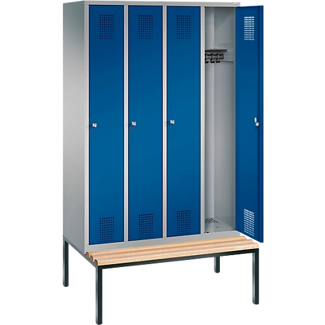 Taquilla Evolo S 3000, acero, con banco integrado, 4 comp. de An 300 mm c.u., cerradura de cilindro, aluminio blanco RAL 9006/azul genciana RAL 5010
