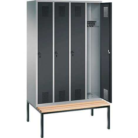 Taquilla Evolo S 3000, acero, con banco integrado, 4 comp. de An 300 mm c.u., cierre de pasador giratorio de seguridad, aluminio blanco RAL 9006/antracita RAL 7016