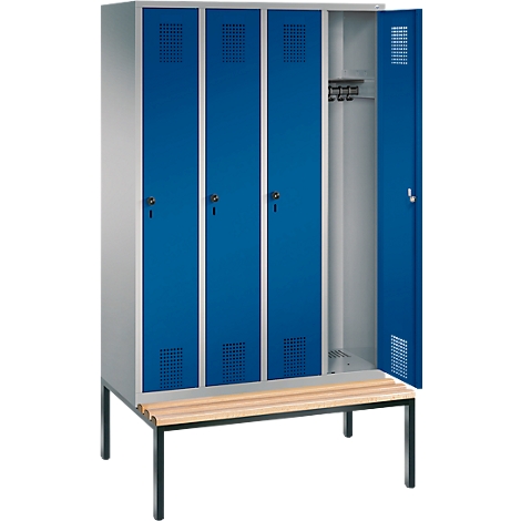 Taquilla Evolo S 3000, acero, con banco integrado, 4 comp. de An 300 mm c.u., cierre de pasador giratorio de seguridad, aluminio blanco RAL 9006/azul genciana RAL 5010