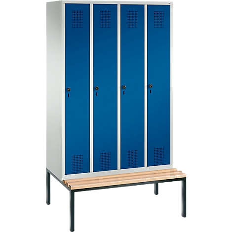 Taquilla Evolo S 3000, acero, con banco integrado, 4 comp. de An 300 mm c.u., cierre de pasador giratorio de seguridad, gris luminoso RAL 7035/azul genciana RAL 5010