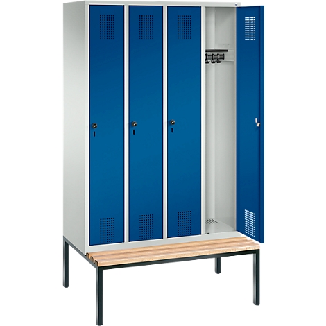 Taquilla Evolo S 3000, acero, con banco integrado, 4 comp. de An 300 mm c.u., cierre de pasador giratorio de seguridad, gris luminoso RAL 7035/azul genciana RAL 5010