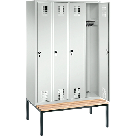 Taquilla Evolo S 3000, acero, con banco integrado, 4 comp. de An 300 mm c.u., cierre de pasador giratorio de seguridad, gris luminoso RAL 7035/gris luminoso RAL 7035
