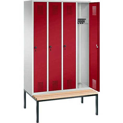 Taquilla Evolo S 3000, acero, con banco integrado, 4 comp. de An 300 mm c.u., cierre de pasador giratorio de seguridad, gris luminoso RAL 7035/rojo rubí RAL 3003