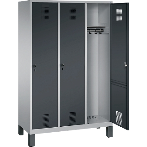 Taquilla Evolo S 3000, acero, con patas, 3 compartimentos, cierre de pasador giratorio de seguridad, aluminio blanco RAL 9006/antracita RAL 7016