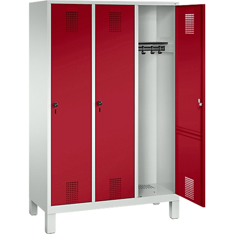 Taquilla Evolo S 3000, acero, con patas, 3 compartimentos, cierre de pasador giratorio de seguridad, gris luminoso RAL 7035/rojo rubí RAL 3003