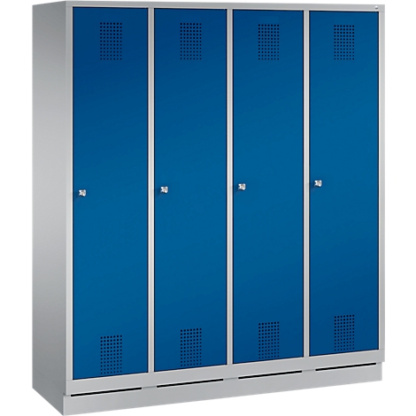 Un armario azul con cuatro puertas. Cada puerta tiene una ranura de ventilación y una manija.