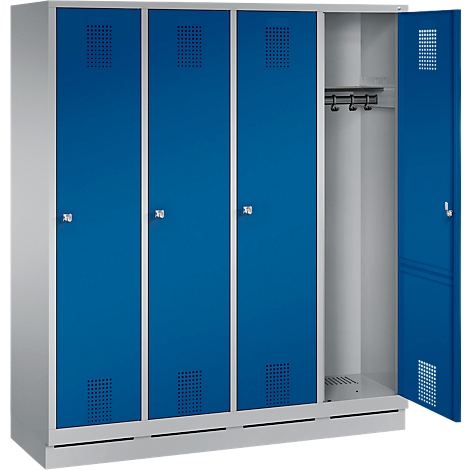 Armario azul con puerta abierta, ganchos detrás. Laterales y parte inferior grises. Agujeros en las puertas.