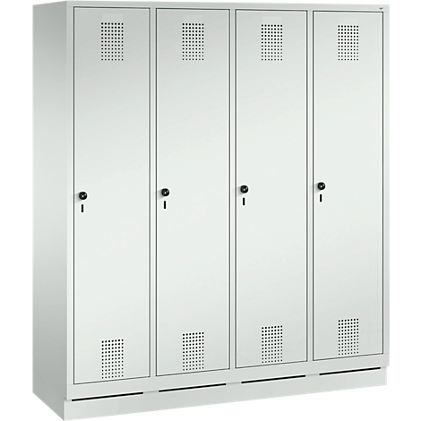 Un armario blanco con cuatro puertas, cerraduras, ranuras de ventilación y una base.
