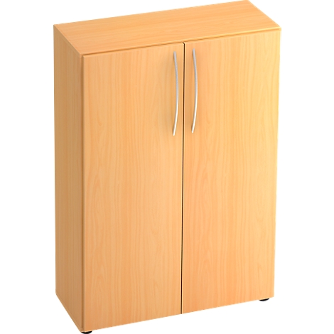 A rectangular cabinet made of light wood with two doors, fitted with curved metal handles.
