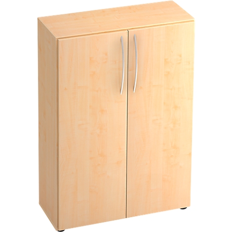 Light brown cabinet with two doors and silver handles. Minimalist design.