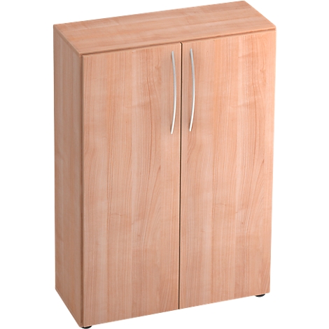 Light wood cabinet with two doors and curved handles.