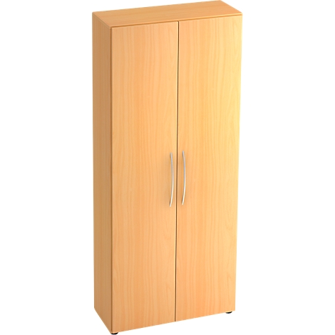 Light brown cabinet with two doors and silver handles.