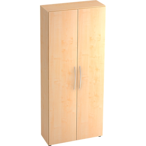 A tall wooden cabinet with two doors and silver handles. The cabinet is in light brown wood tones and stands on a black base.
