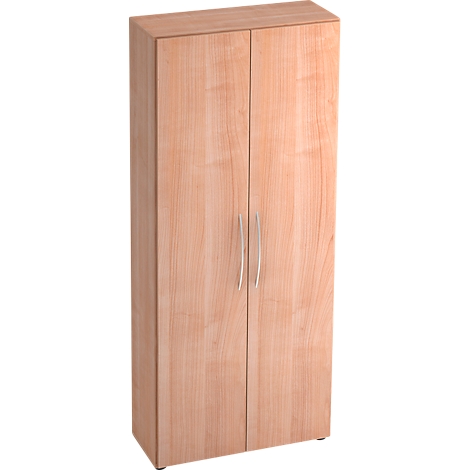 A tall cabinet with two doors made of light wood. Each door has a silver handle.