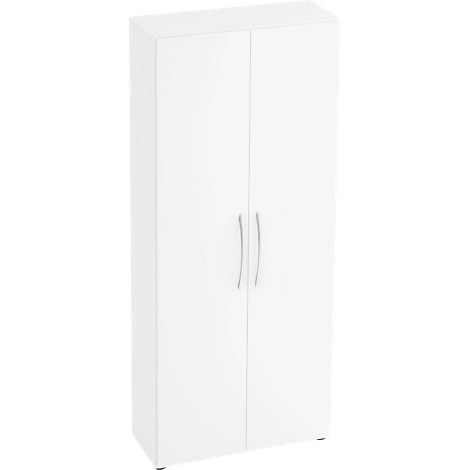 White cabinet with two doors and silver handles.