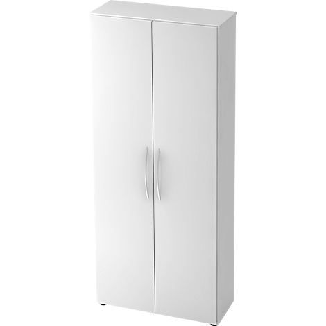 A white cabinet with two doors, two silver handles, and a rectangular shape. The cabinet is on a light background.