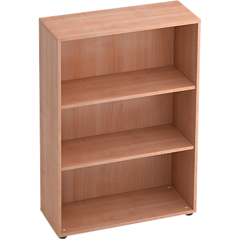 Light brown bookcase with three shelves. The grain of the wood is clearly visible.