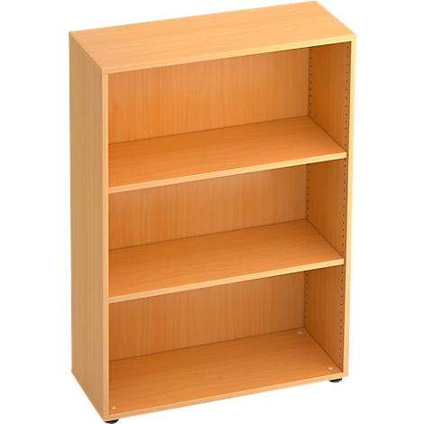 A light brown bookshelf with three shelves, wood grain.
