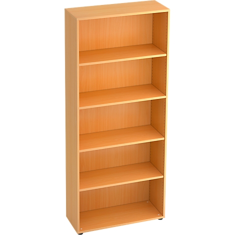A tall, brown bookshelf with five shelves. Wood grain is visible.