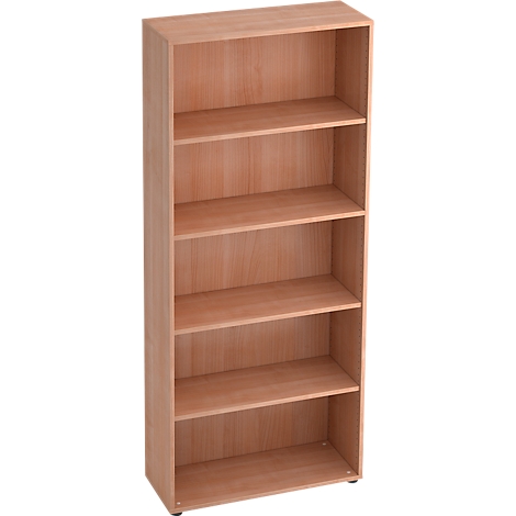 A tall, brown bookcase with five shelves. The wood grain is clearly visible.