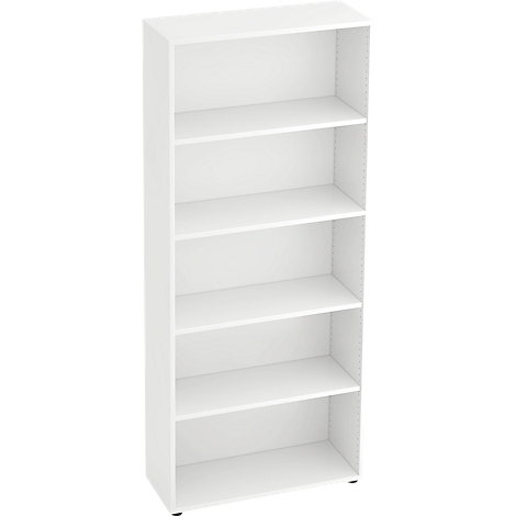 A white bookshelf with five shelves, against a white background.