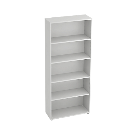 A tall white bookcase with five open shelves against a white background.