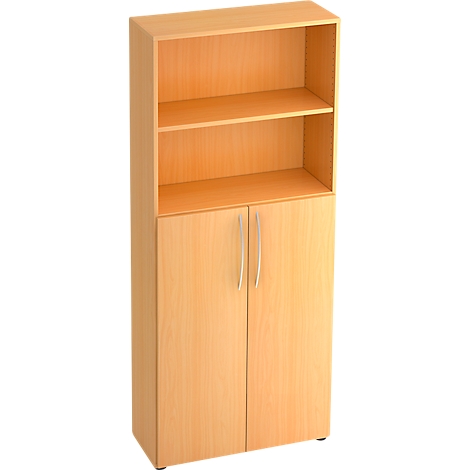 A light brown office cabinet with two open shelves and doors. The cabinet has silver handles.