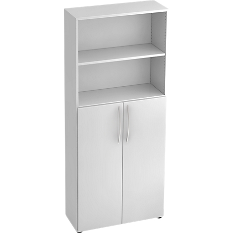 White cabinet with two doors and shelves. The piece of furniture stands in front of a neutral background.