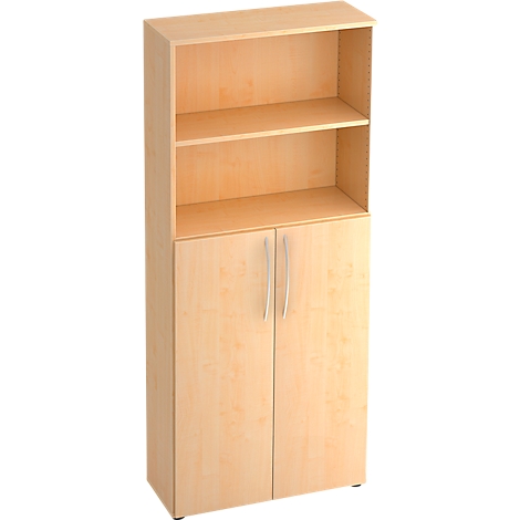 Beige office cabinet with open shelves and doors. Silver handles.