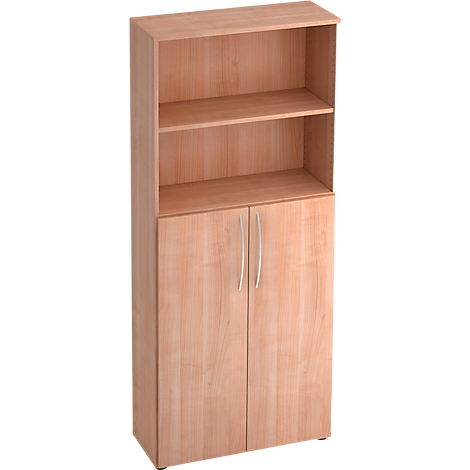 A wooden cabinet with two open shelves and two doors.