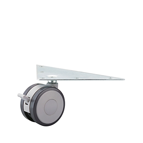 Wheel with gray wheel and lever, connected to a metal plate, against a white background.