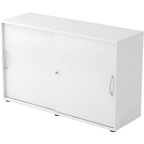 White cabinet with sliding doors and silver handles.