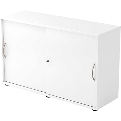 White cabinet with sliding doors and two handles. A small lock in the middle.