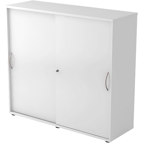 White cabinet with sliding doors. Two silver handles, small keyhole.