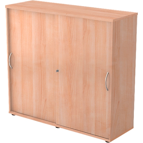Wooden cabinet with sliding doors and silver handles.