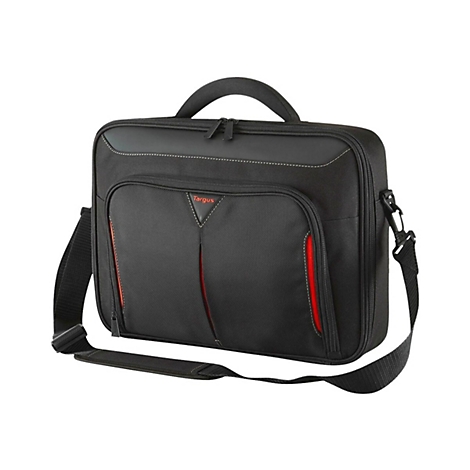 Sacoche pour ordinateur portable noire avec poignée, bandoulière et doublure rouge. Le nom de la marque Targus est visible sur le sac.