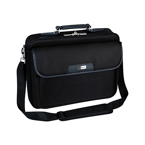 Sacoche pour ordinateur portable noire avec poignée et bandoulière. Le mot "Targus" est visible sur le sac.