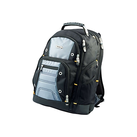 Sac à dos pour ordinateur portable noir avec des détails gris-bleu, des fermetures éclair et une poignée. Le sac à dos porte le logo de la marque Targus.